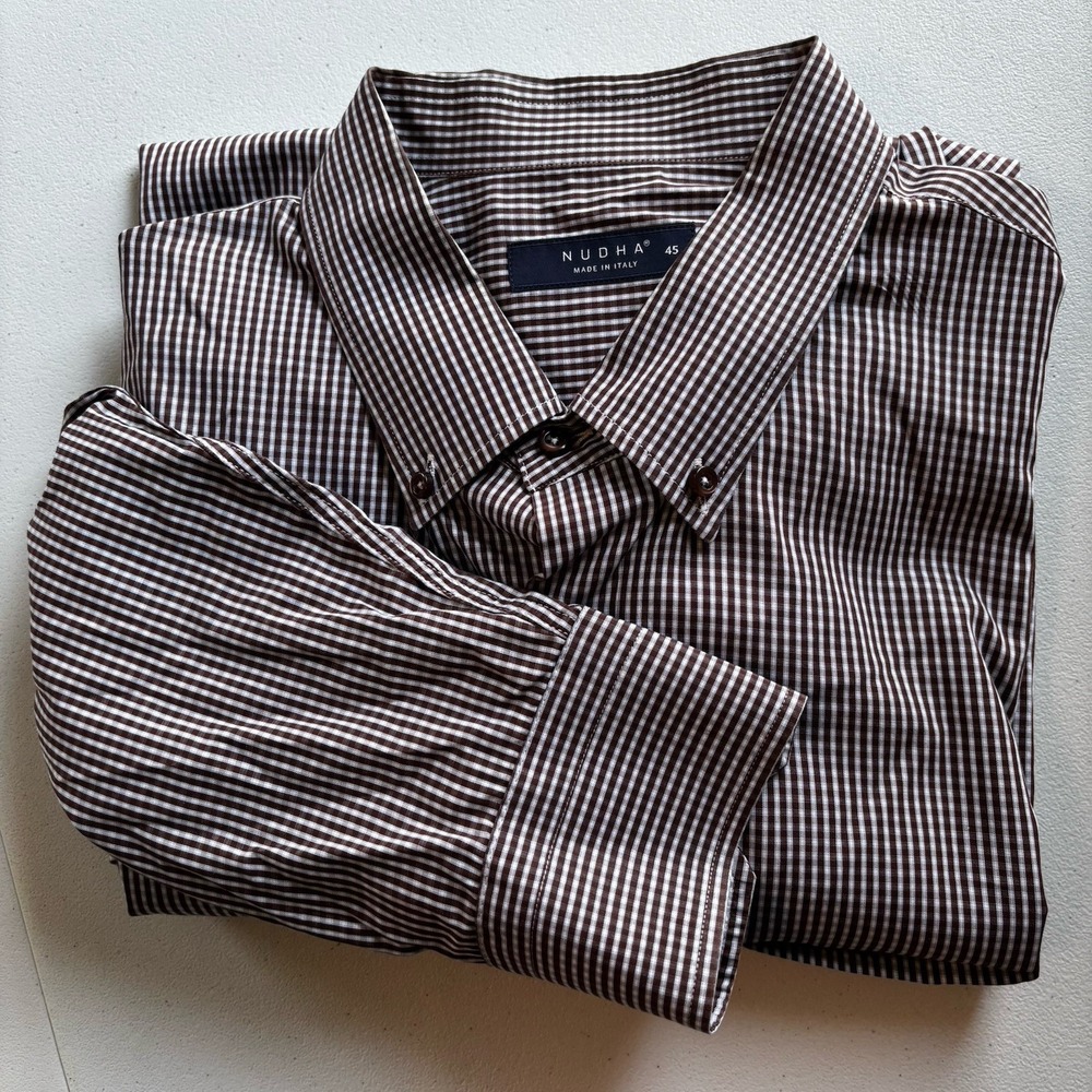 NUDHA  Designer Button Down Dress Shirt Mens 45(XL)Brown Gingham Made in Italy